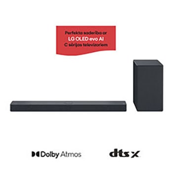 Skats uz Sound Bar un zemfrekvences reproduktoru no priekšpuses