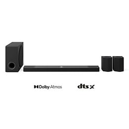 LG Soundbar, pastiprinātāja un aizmugures skaļruņu skats no priekšas