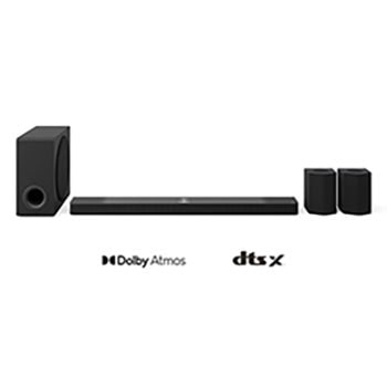 LG Soundbar, pastiprinātāja un aizmugures skaļruņu skats no priekšas