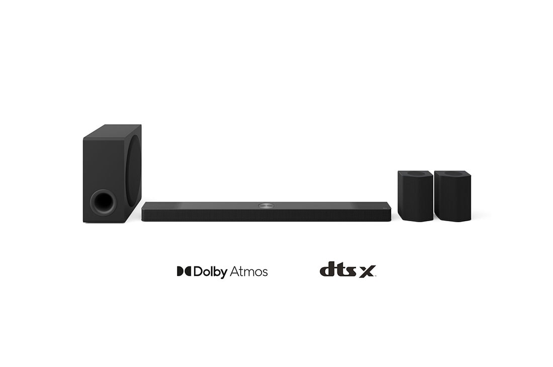 LG 9.1.5 kanālu LG mājas kinozāles Soundbar ar telpisko skaņu un aizmugurējiem skaļruņiem S95TR, LG Soundbar, pastiprinātāja un aizmugures skaļruņu skats no priekšas, S95TR