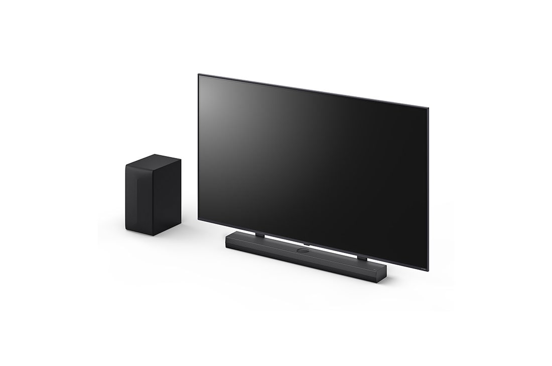LG 400W, 3.1.1 kanālu S70TY LG Soundbar skaņas sistēma ar Dolby Atmos, perfekti sader ar LG QNED AI TV, 65 collu LG QNED, LG Soundbar S70TY un pastiprinātāja skats no leņķa, S70TY, thumbnail 11