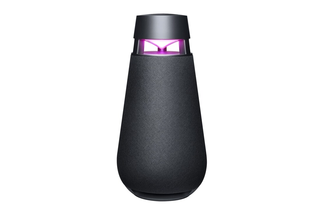 LG XBOOM360 XO3, Slīpi no priekšpuses ar ieslēgtu violetu apgaismojumu, XO3QBK, thumbnail 12