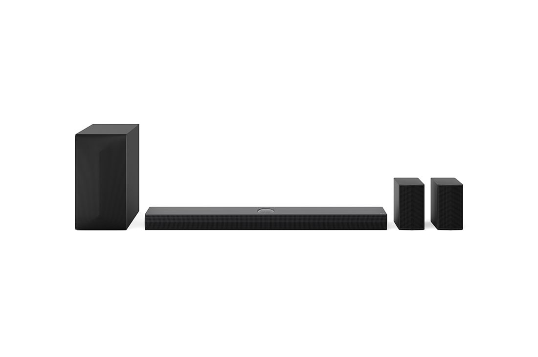 LG 5.1.1 kanālu LG mājas kinozāles Soundbar ar Dolby Atmos un aizmugurējiem skaļruņiem S70TR, LG Soundbar S70TR, pastiprinātāja un aizmugures skaļruņu skats no priekšas, S70TR