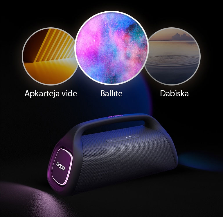 LG XBOOM Go XG8T ar violetu apgaismojumu ir novietots uz grīdas. Virs skaļruņa tiek parādīti trīs Light Studio režīmi; apkārtējā vide, dabiska un ballīte.