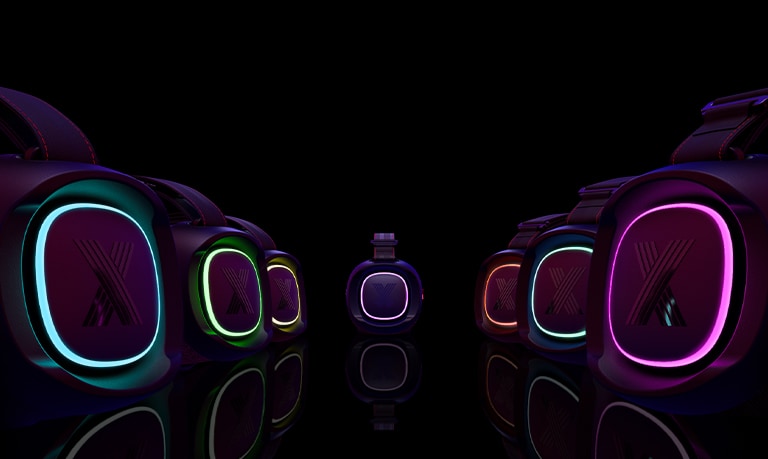 LG XBOOM Go XG8T grupas attēls. Ieslēgti dažādi apgaismojumi.