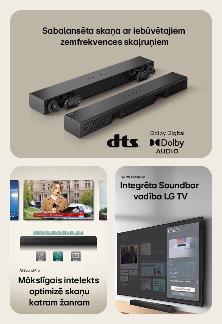 Kreisajā attēlā ir novietotas divas S20A Soundbar ierīces, vienā redzamas tās iekšējās daļas, piemēram, zemfrekvences skaļruņi un augstfrekvences skaļruņi bez režģa, bet otrā – aizmugure. Labajā pusē ir redzams dts logotips un Dolby Digital Audio logotips. Vidus attēlā ir redzami 3 TV ekrāni: Skatuve un mikrofons viņas rokā, redzama reportiere, kas runā, turot katrā rokā mikrofonu un planšetdatoru, un zirgs. Zem TV ir novietots SH5A Soundbar ar ekvalaizera grafiku. Apakšā ir attēlotas 3 ikonas: MŪZIKA, BALSS un KINO. Labajā attēlā pie sienas piestiprinātais TV rāda LG webOS sākuma ekrānu, un SH5A ir novietots zem TV, uz TV galda. Kreisajā pusē ir daļēji parādīta LG TV tālvadības pults, bet labajā pusē ir 4 ikonas, kuras attēlo WOW Interface funkcijas.
