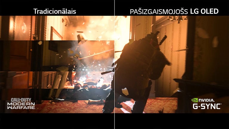 Attēlā redzama spēles aina LCD/LED televizorā ar pārrāvumiem un otrā pusē LG OLED televizorā bez pārrāvumiem.