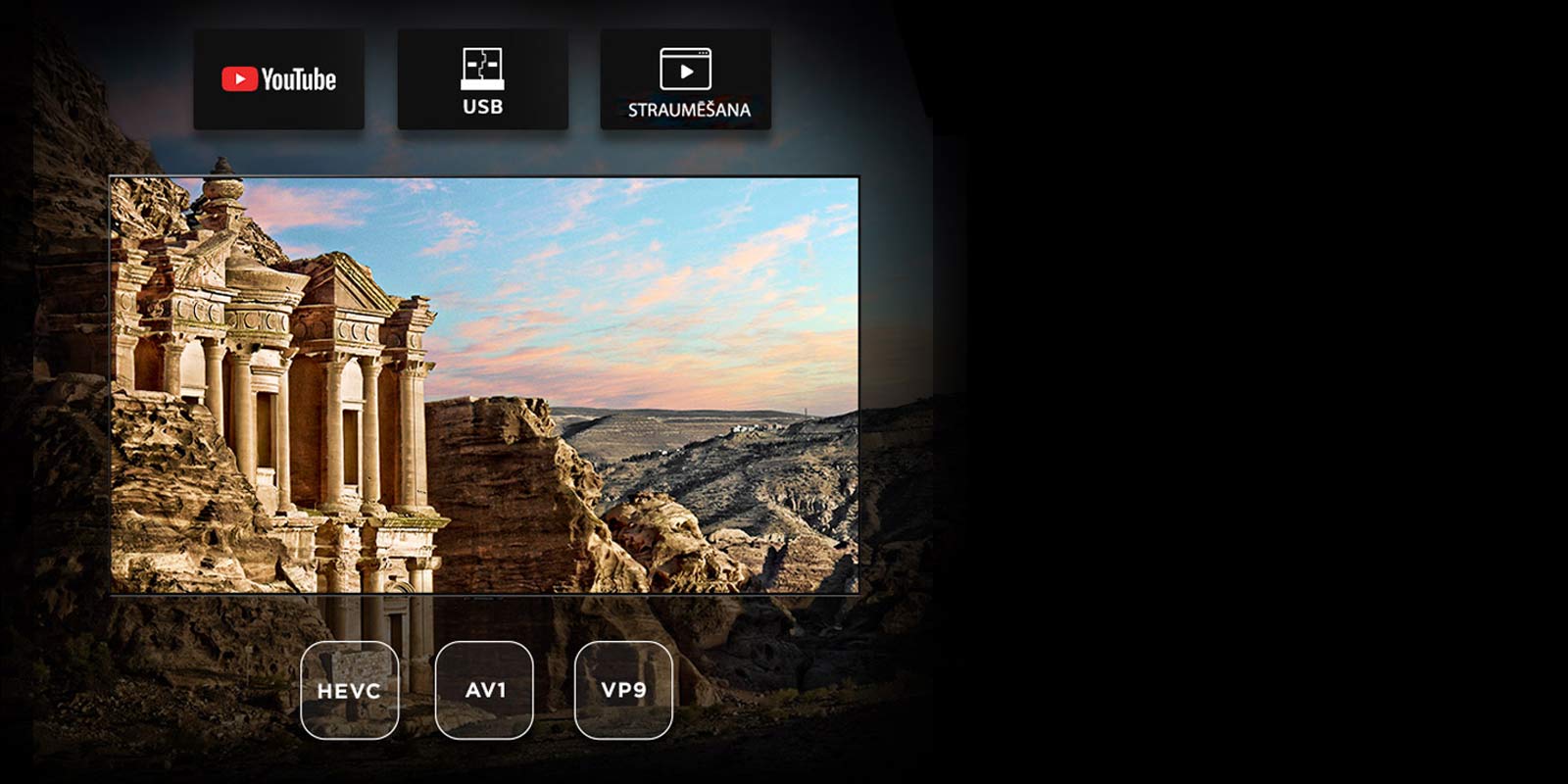 Televizora ekrāns ar skatu uz senu arhitektūru