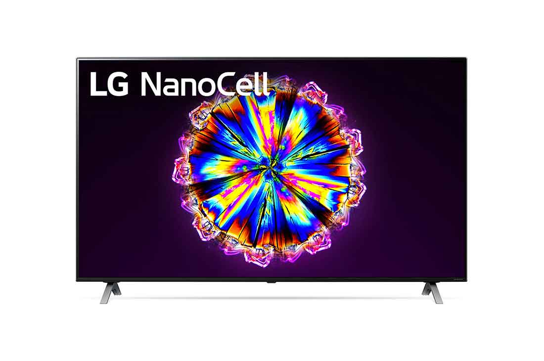 LG 55 collu NanoCell 4K televizors ar α7 procesoru un HGIG režīmu spēlēm, skats no priekšpuses ar aizpildošo attēlu, 55NANO903NA