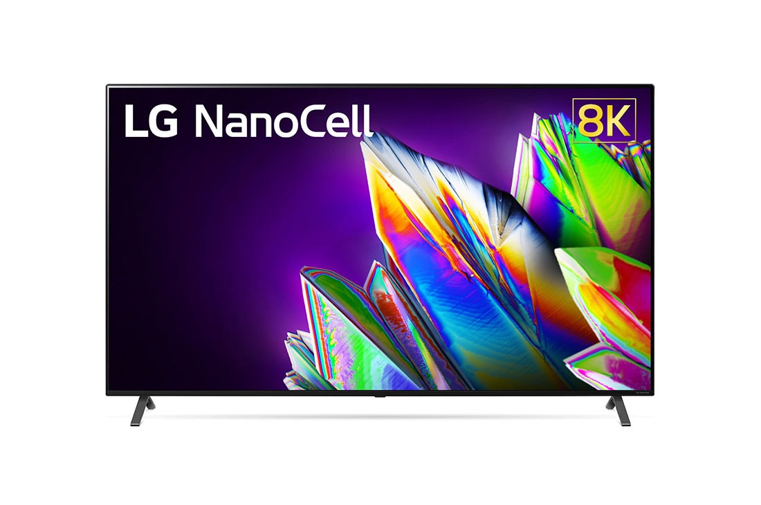 LG 75 collu NanoCell 8K televizors ar α9 procesoru un Dolby Atmos skaņu, skats no priekšpuses ar aizpildošo attēlu, 75NANO973NA