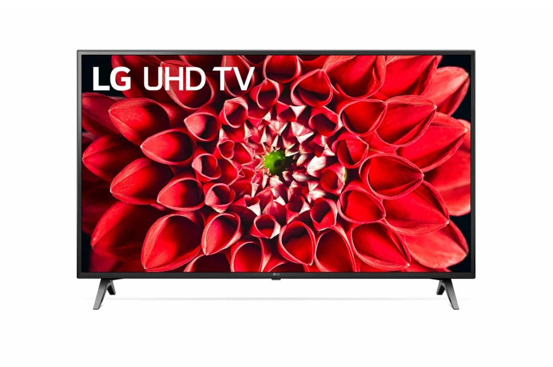 LG 49 collu UHD 4K televizors, skats no priekšpuses ar aizpildošo attēlu, 49UN71003LB