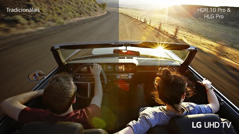 Pāris automašīnā brauc pa ceļu. Puse attēlota uz tradicionālā ekrāna ar zemu attēla kvalitāti. Otra puse attēlota skaidra un koša ar LG UHD televizora attēla kvalitāti.
