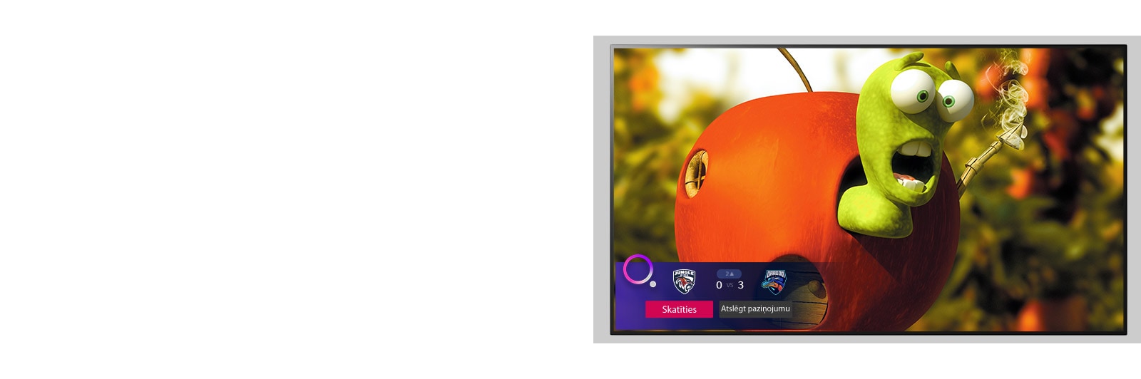 Televizorā redzams multiplikācijas filmu varonis un sporta atgādinājums ekrāna apakšpusē.