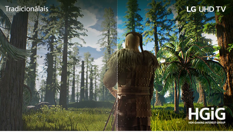 Televizora ekrānā redzama spēles aina, kurā cilvēks stāv meža vidū. Puse attēlota uz tradicionālā ekrāna ar zemu attēla kvalitāti. Otra puse attēlota LG UHD televizorā ar skaidru un košu attēlu.