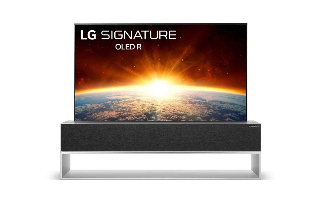 LG 65 collu OLED 4K televizors, skats no priekšpuses ar aizpildošo attēlu, OLED65RX9LA
