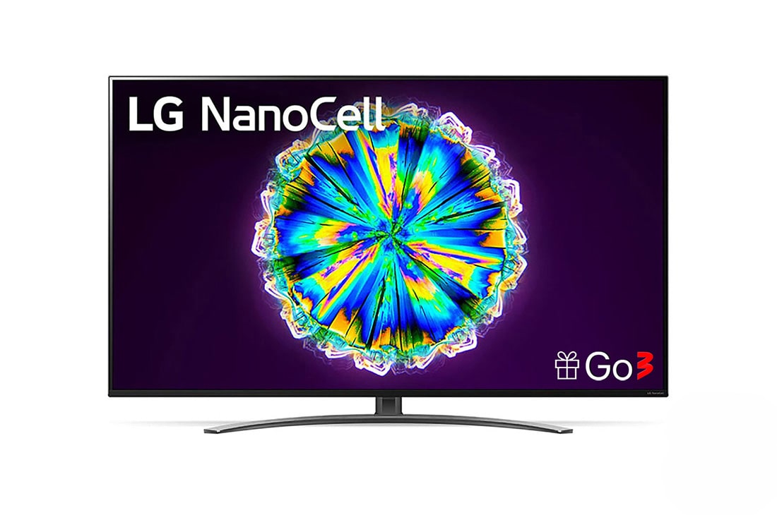LG 49 collu NanoCell 4K televizors ar α7 procesoru un Dolby Atmos skaņu, skats no priekšpuses ar aizpildošo attēlu, 49NANO863NA