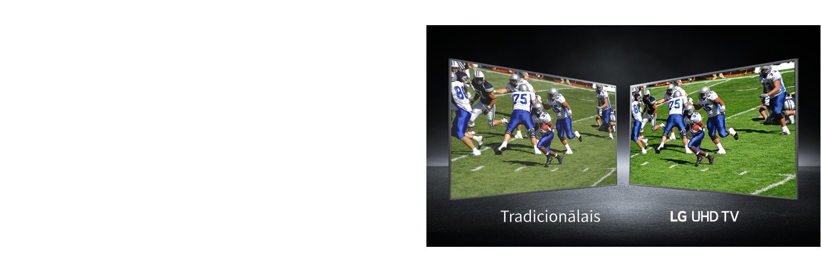 Attēlā redzams futbola laukums ar spēlētājiem divos skatos. Viens skats no tradicionālā ekrāna, bet otrs no UHD televizora.