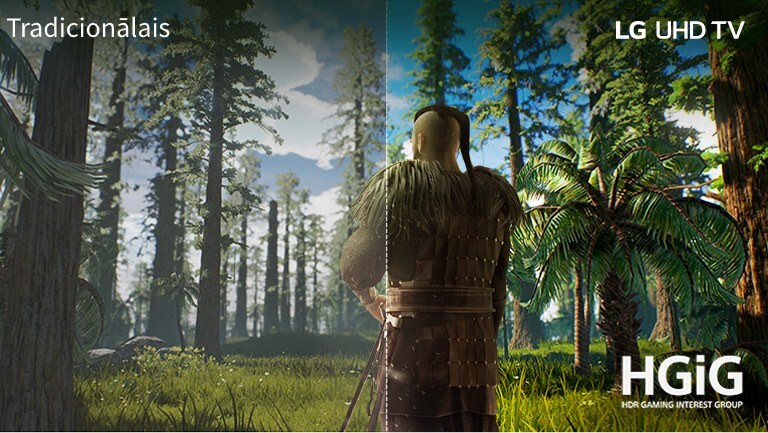 Televizora ekrānā redzama spēles aina, kurā cilvēks stāv meža vidū. Puse attēlota uz tradicionālā ekrāna ar zemu attēla kvalitāti. Otra puse attēlota LG UHD televizorā ar skaidru un košu attēlu.