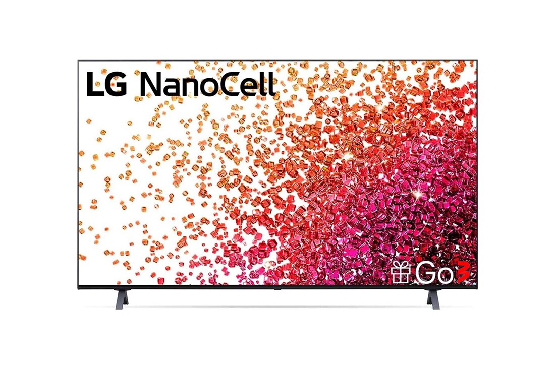 LG 65 collu NanoCell 4K televizors ar α7 procesoru un HGIG režīmu spēlēm, Skats no priekšpuses uz LG NanoCell televizoru, 65NANO753PA