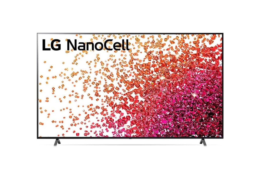 LG 65 collu NanoCell 4K televizors ar α7 procesoru un HGIG režīmu spēlēm, Skats no priekšpuses uz LG NanoCell televizoru, 65NANO753PA