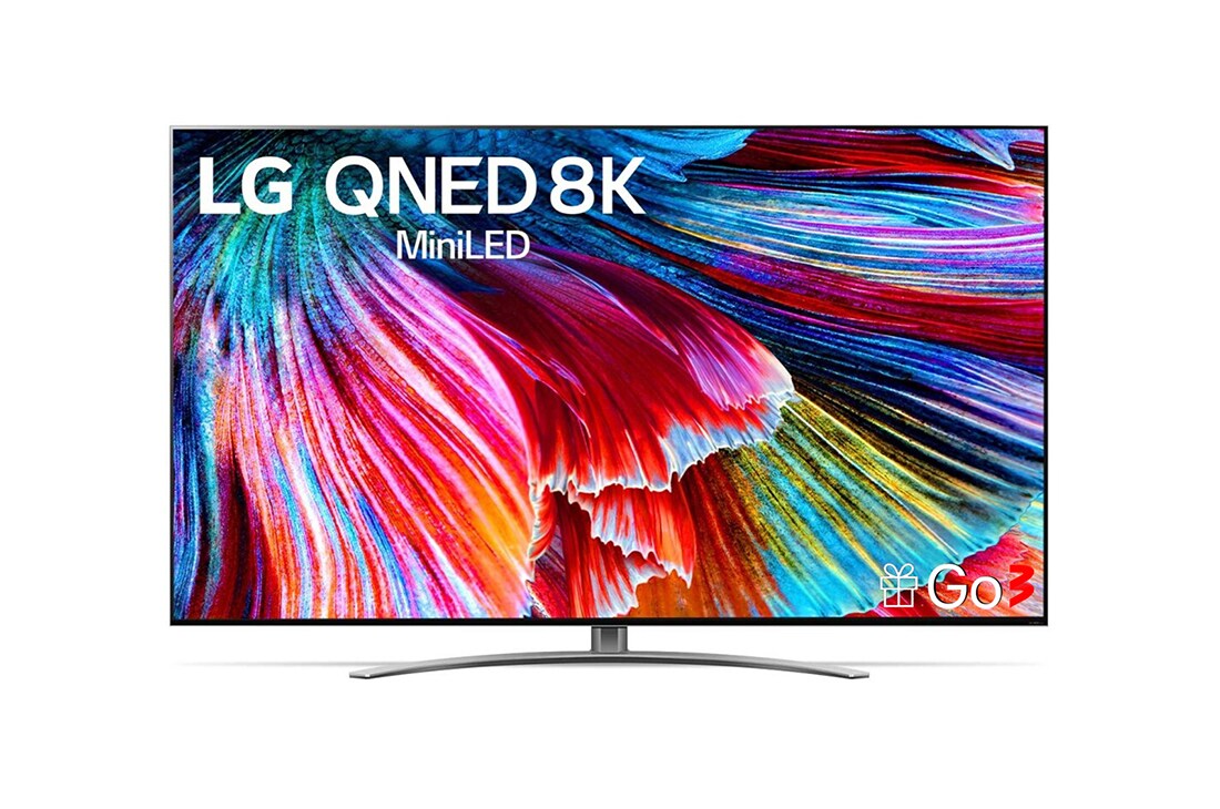 LG 65 collu QNED 8K televizors, Skats no priekšpuses uz LG QNED televizoru, 65QNED993PB