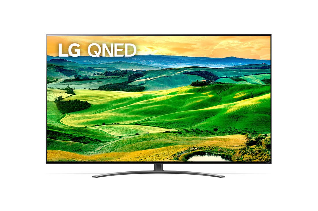 LG 55 collu QNED 4K televizors, Skats no priekšpuses uz LG QNED TV ar aizpildošo attēlu un produkta logotipu, 55QNED823QB