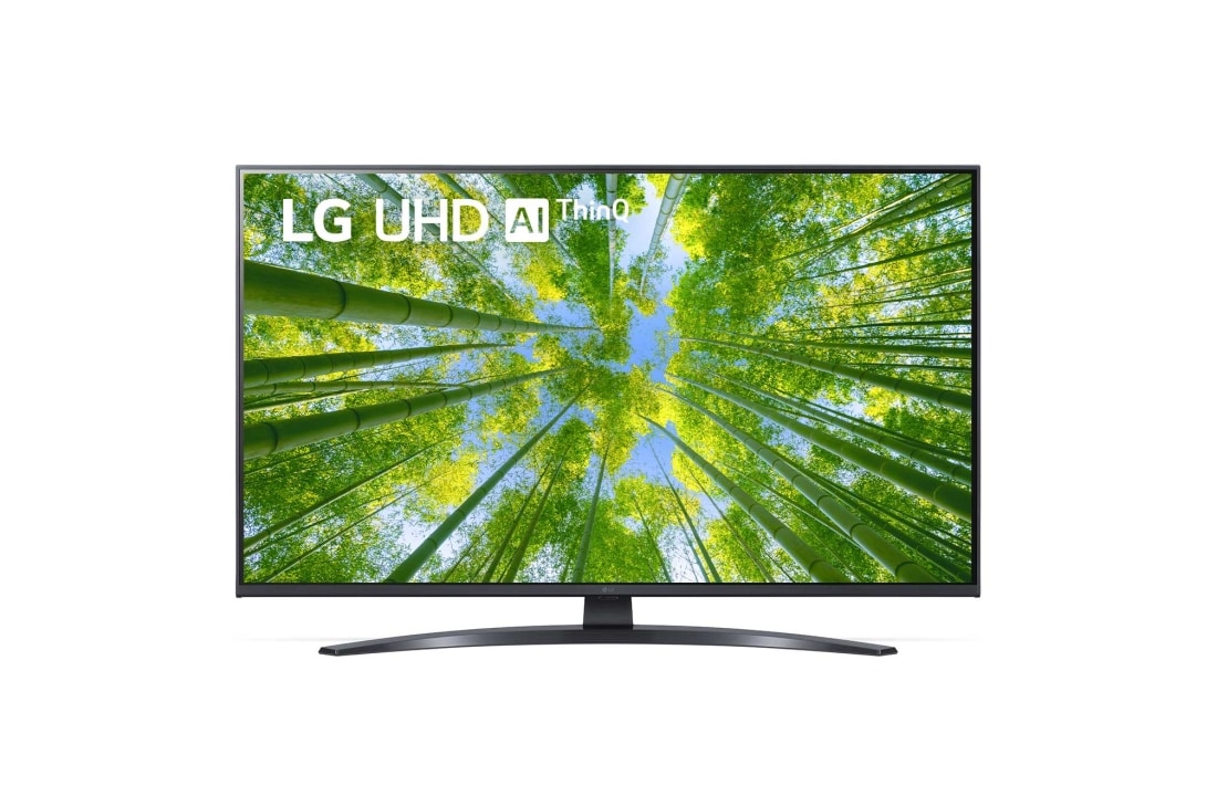LG 43 collu UHD 4K televizors 43UQ8100, Skats no priekšpuses uz LG UHD televizoru ar aizpildošo attēlu un produkta logotipu , 43UQ81003LB
