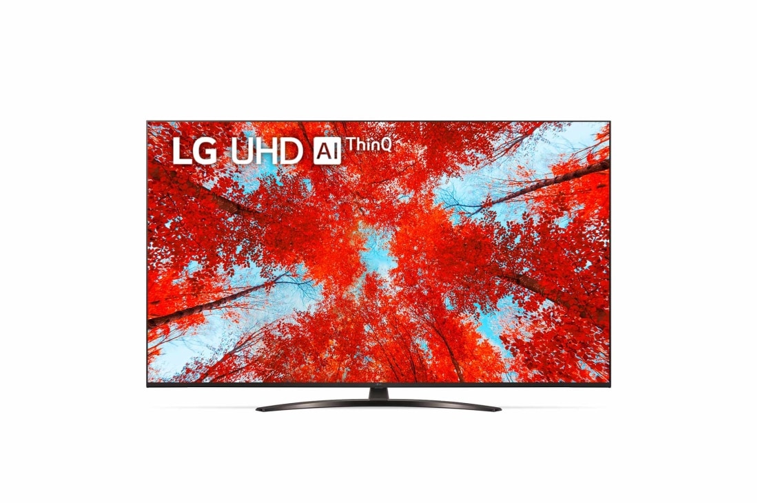 LG 50 collu UHD 4K televizors 50UQ9100, Skats no priekšpuses uz LG UHD televizoru ar aizpildošo attēlu un produkta logotipu, 50UQ91003LA