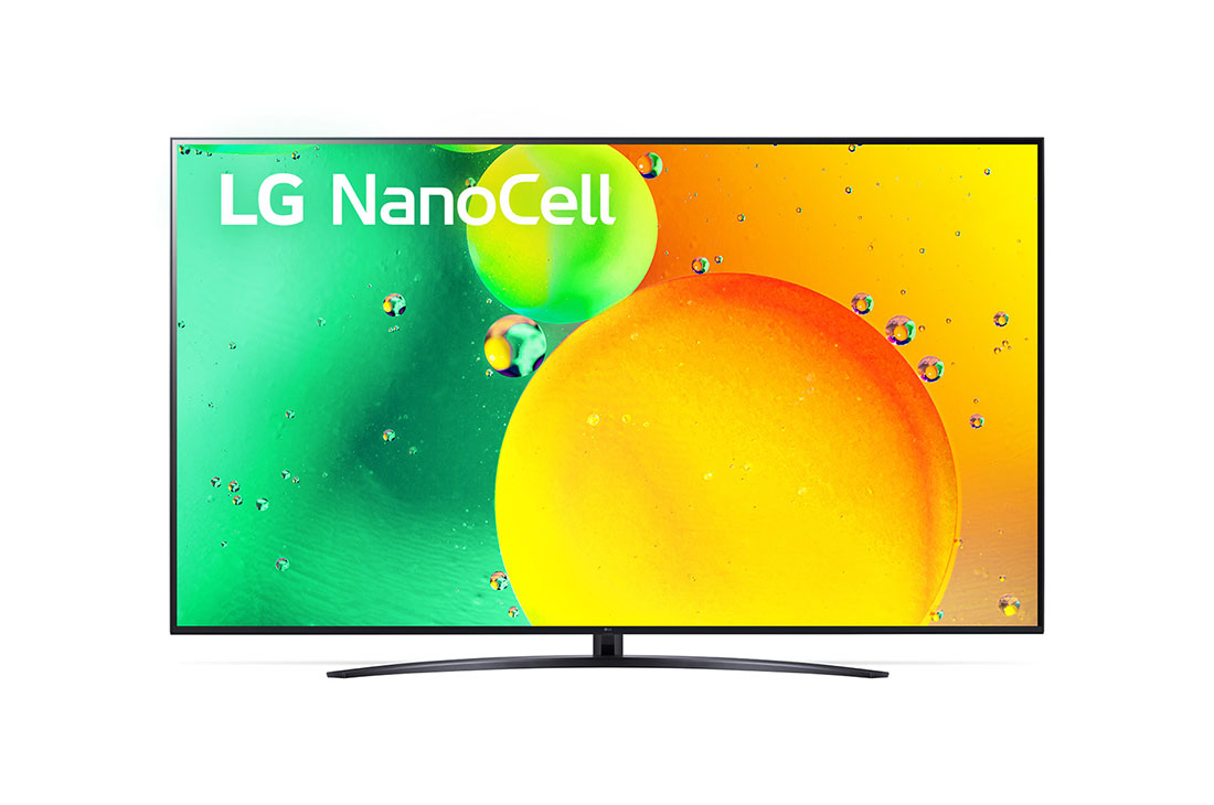 LG 75 collu NanoCell 4K televizors ar α5 procesoru, Skats no priekšpuses uz LG NanoCell televizoru, 75NANO763QA