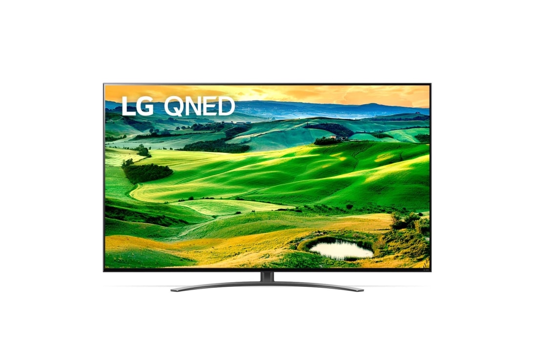 LG 50 collu QNED 4K televizors, Skats no priekšpuses uz LG QNED TV ar aizpildošo attēlu un produkta logotipu, 50QNED813QA