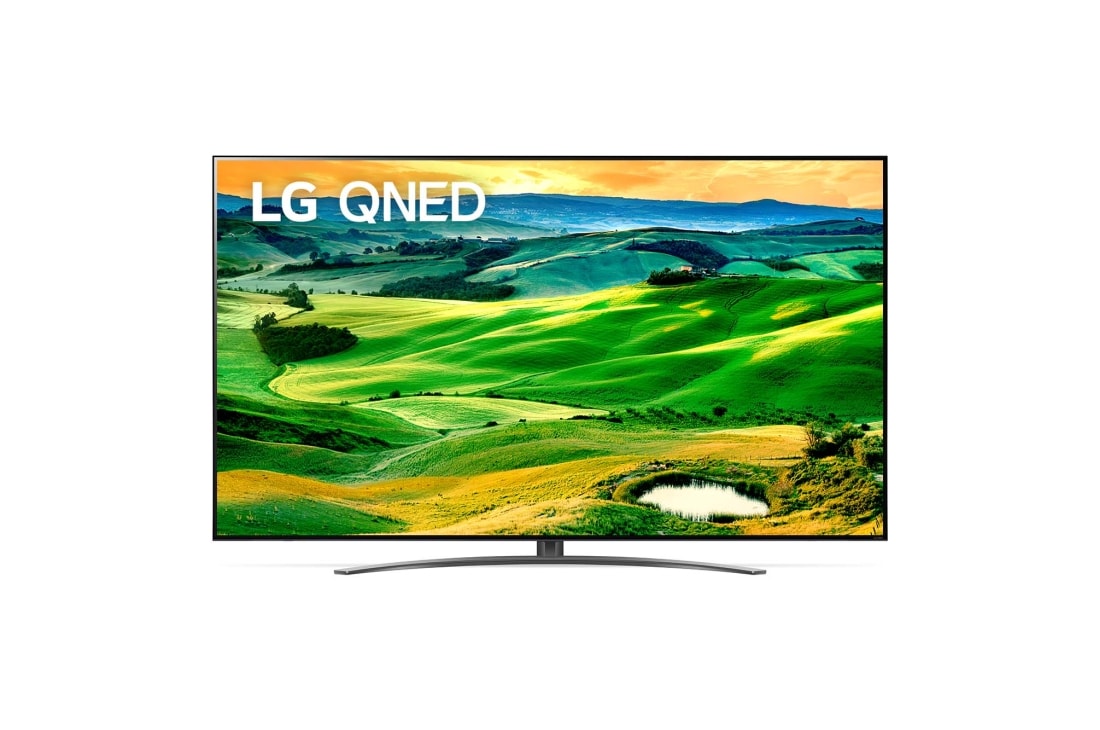 LG 86 collu QNED 4K televizors , Skats no priekšpuses uz LG QNED TV ar aizpildošo attēlu un produkta logotipu, 86QNED813QA