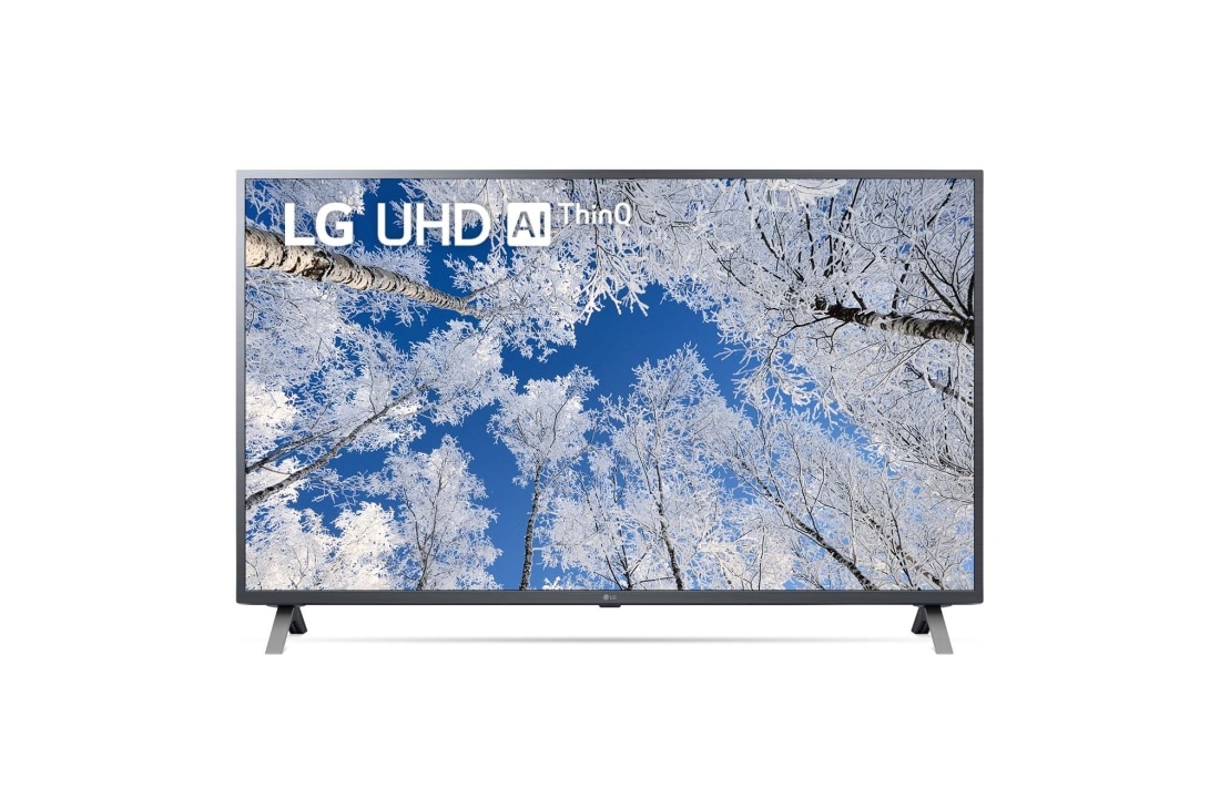 LG 50 collu UHD 4K televizors 50UQ7000, Skats no priekšpuses uz LG UHD televizoru ar aizpildošo attēlu un produkta logotipu, 50UQ70003LB