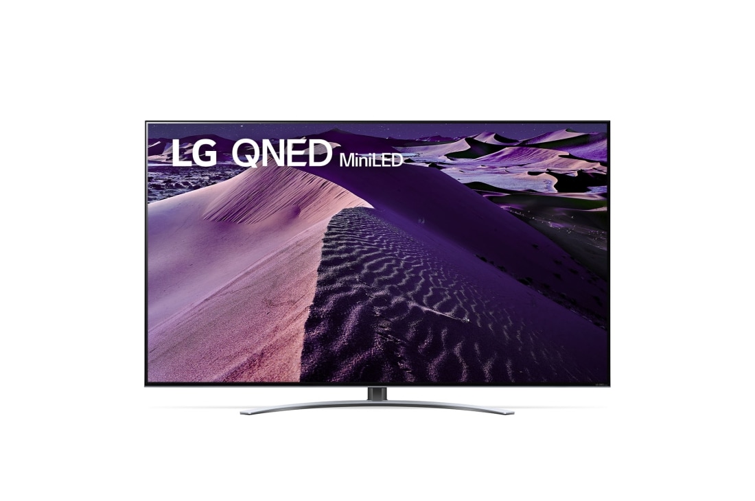 LG 65 collu QNED UHD  televizors 65QNED87, Skats no priekšpuses uz LG QNED TV ar aizpildošo attēlu un produkta logotipu, 65QNED873QB