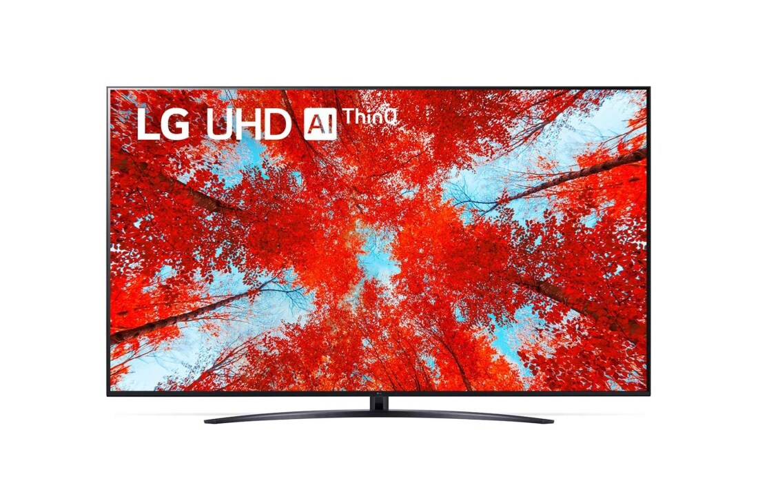 LG 75 collu UHD 4K televizors 75UQ9100, Skats no priekšpuses uz LG UHD televizoru ar aizpildošo attēlu un produkta logotipu , 75UQ91003LA
