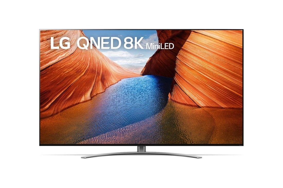 LG 86 collu QNED  MiniLED televizors QNED99, Skats no priekšpuses uz LG QNED TV ar aizpildošo attēlu un produkta logotipu, 86QNED993QB