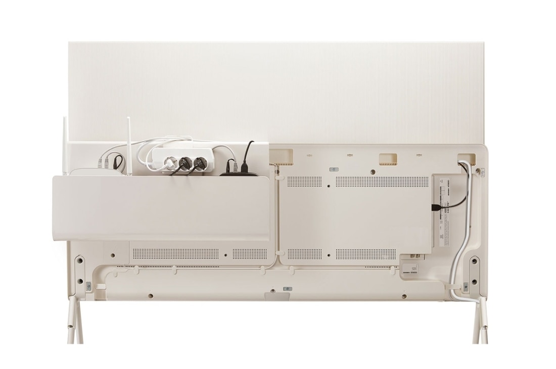 LG OLED | Objet collection ''Pose'' , Skats uz Posé no aizmugures ar noņemtu Clean Cover, atklājot TV vadu organizāciju. Kabeļu & Piederumu organizētājs uz mediju plauktiņa ar rūteri, pagarinātāju un TV modemu., 55LX1Q3LA, thumbnail 10