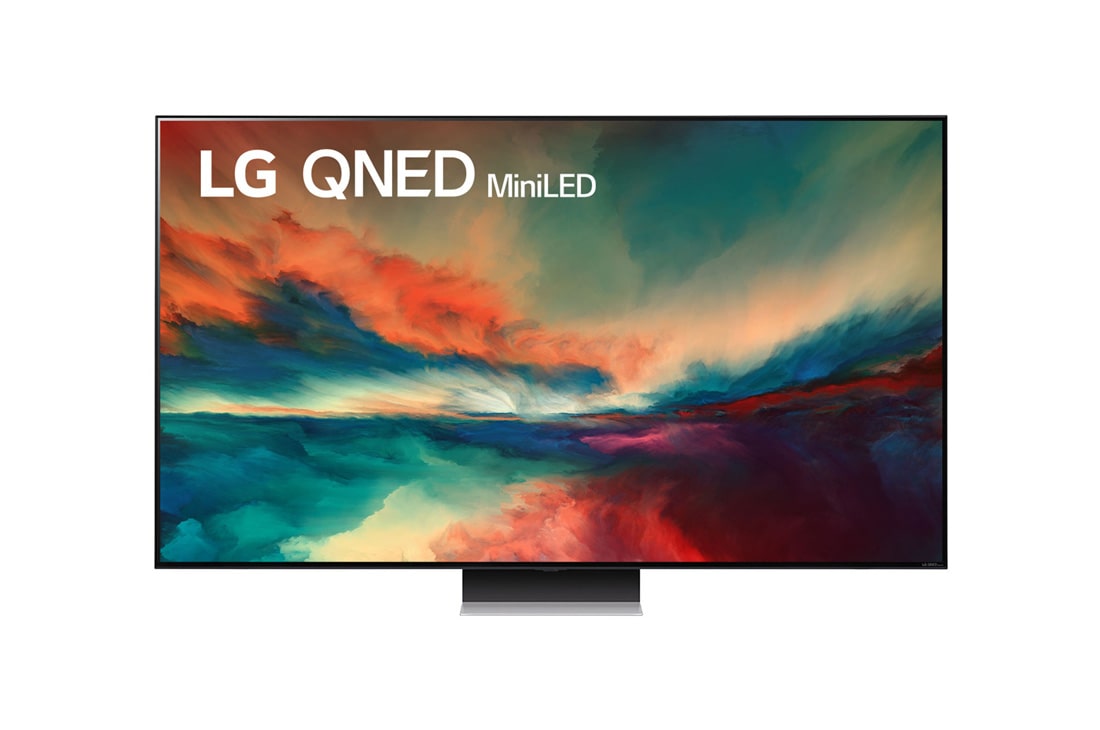 LG QNED Mini LED 86 75 collu 4K Smart TV, 2023, Skats no priekšpuses uz LG QNED televizoru ar aizpildošo attēlu un produkta logotipu, 75QNED863RE