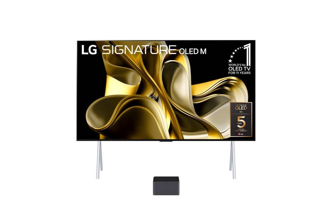 LG 97 collu LG Signature OLED M3 4K viedais televizors ar bezvadu 4K savienojamību, Skats no priekšas ar LG OLED M3 un Zero Connect Box apakšā, emblēmu „10 gadus Nr.1 OLED pasaulē”, LG OLED evo un 5 gadu paneļu garantijas logotipu ekrānā, OLED97M39LA