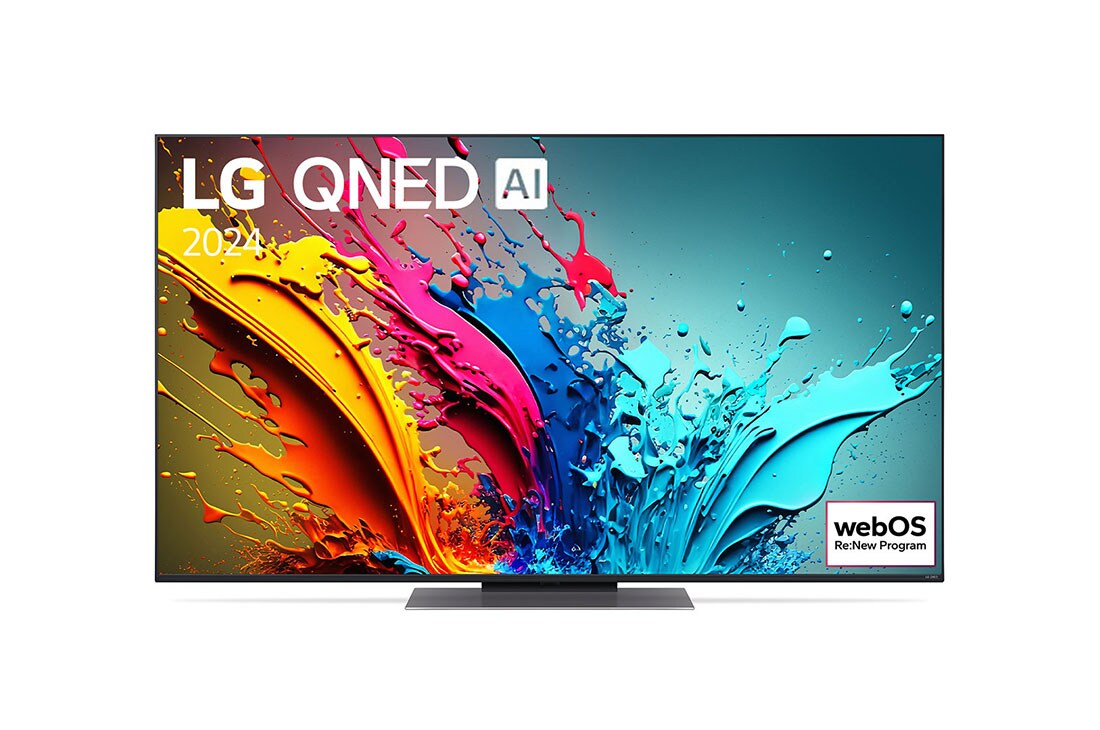 LG 55 collu LG QNED AI 4K viedtelevizors QNED87 WebOS24 2024, LG QNED TV, QNED85 priekšējais skats ar LG QNED, 2024 tekstu un webOS Re:New Program logotipu ekrānā, 55QNED87T3B