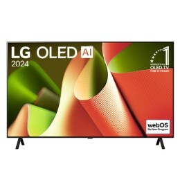 Priekšējais skats ar LG OLED TV, OLED AI B4, 11 gadu pasaules Nr. 1 OLED TV emblēma un webOS Re:New Program logotips ekrānā ar 2 kāju statīvu