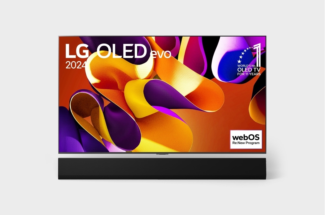 LG 65 collu LG OLED evo G4 4K viedtelevizors OLED65G4, Priekšējais skats ar LG OLED evo televizoru, OLED G4, 11 gadu pasaules Nr. 1 OLED televizora emblēma un 5 gadu paneļa garantijas logotips ekrānā, kā arī skaļrunis apakšā, OLED65G42LW