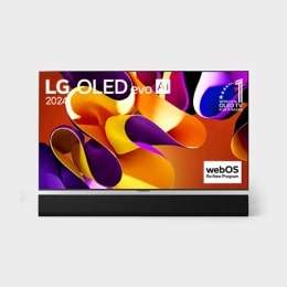 Priekšējais skats ar LG OLED evo AI TV, OLED G4, 11 gadu pasaules Nr. 1 OLED TV emblēma un webOS Re:New Program logotips ekrānā, kā arī Soundbar apakšā2