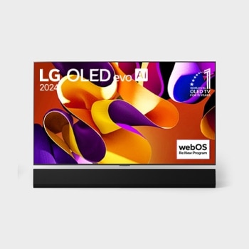 Priekšējais skats ar LG OLED evo AI TV, OLED G4, 11 gadu pasaules Nr. 1 OLED TV emblēma un webOS Re:New Program logotips ekrānā, kā arī Soundbar apakšā1