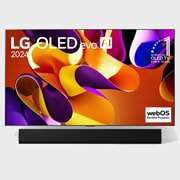 LG 77 collu LG OLED evo AI G4 4K viedtelevizors OLED77G4 WebOS24 2024, Priekšējais skats ar LG OLED evo AI TV, OLED G4, 11 gadu pasaules Nr. 1 OLED TV emblēma un webOS Re:New Program logotips ekrānā, kā arī Soundbar apakšā, OLED77G42LW, thumbnail 1