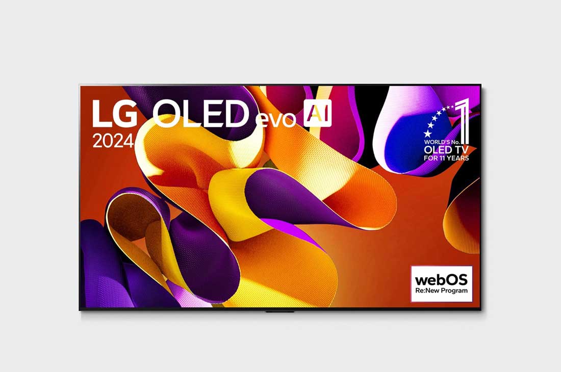 LG 77 collu LG OLED evo AI G4 4K viedtelevizors OLED77G4 WebOS24 2024, Priekšējais skats ar LG OLED evo AI TV, OLED G4, 11 gadu pasaules Nr. 1 OLED TV emblēma un webOS Re:New Program logotips ekrānā, OLED77G42LW, thumbnail 4