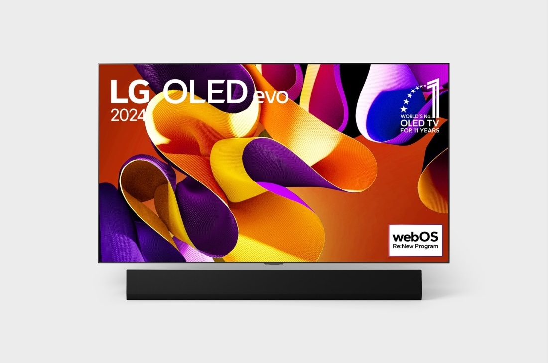 LG 77 collu LG OLED evo G4 4K viedtelevizors OLED77G4, Priekšējais skats ar LG OLED evo televizoru, OLED G4, 11 gadu pasaules Nr. 1 OLED televizora emblēma un 5 gadu paneļa garantijas logotips ekrānā, kā arī skaļrunis apakšā, OLED77G42LW