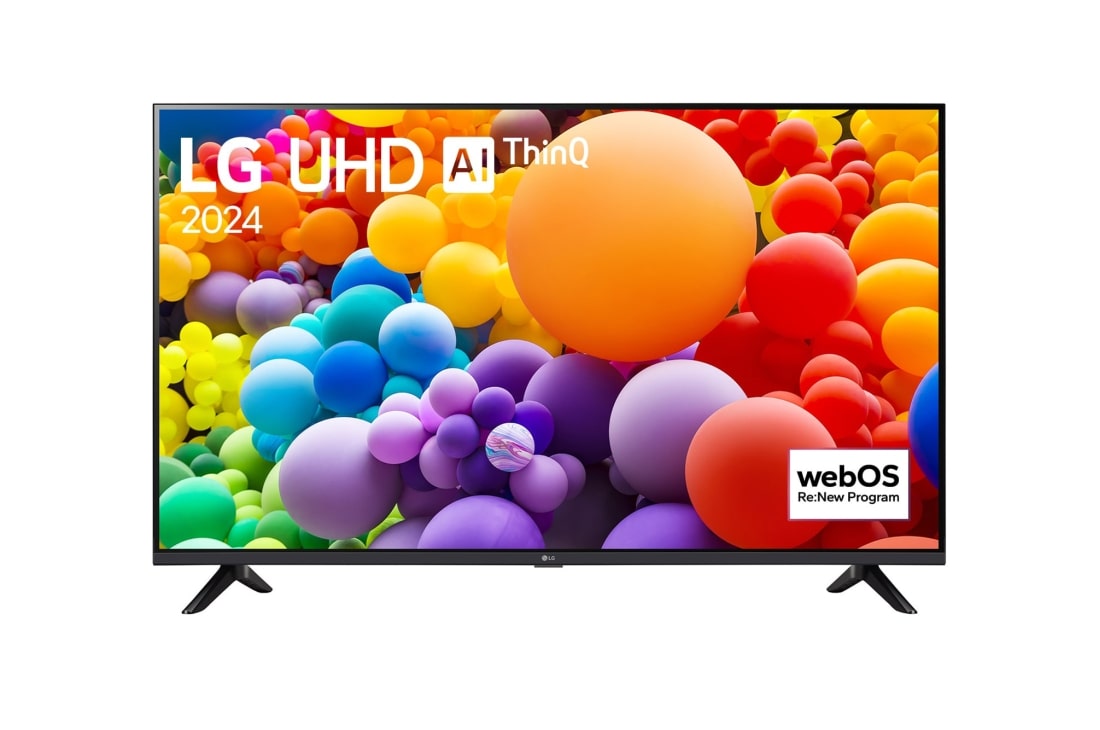 LG 65 collu LG UHD AI 4K viedtelevizors UT73 WebOS24 2024, LG UHD TV, UT73 priekšējais skats ar LG UHD AI ThinQ, 2024 tekstu un webOS Re:New Program logotipu ekrānā, 65UT73003LA
