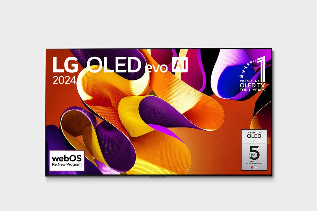 LG 55 collu LG OLED evo AI G4 4K viedtelevizors OLED55G4 WebOS24 2024, Priekšējais skats ar LG OLED evo AI TV, OLED G4, 11 gadu pasaules Nr. 1 OLED TV emblēma un webOS Re:New Program logotips ekrānā, OLED55G42LW, thumbnail 4
