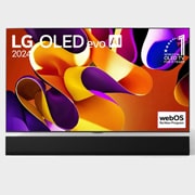 LG 83 collu LG OLED evo AI G4 4K viedtelevizors OLED83G4 WebOS24 2024, Priekšējais skats ar LG OLED evo AI TV, OLED G4, 11 gadu pasaules Nr. 1 OLED TV emblēma un webOS Re:New Program logotips ekrānā, kā arī Soundbar apakšā, OLED83G42LW, thumbnail 1