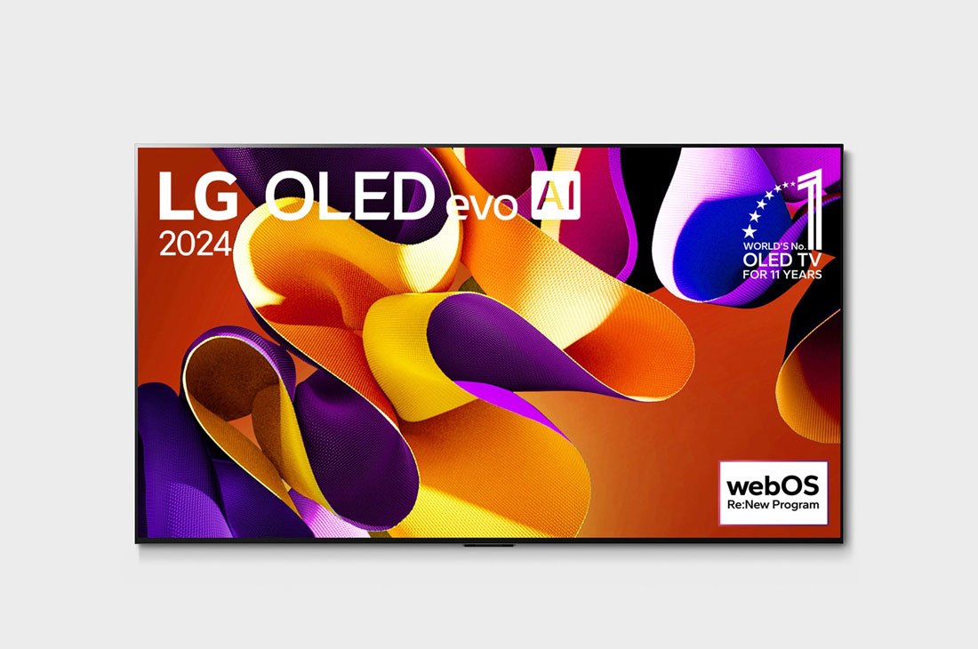 LG 83 collu LG OLED evo AI G4 4K viedtelevizors OLED83G4 WebOS24 2024, Priekšējais skats ar LG OLED evo AI TV, OLED G4, 11 gadu pasaules Nr. 1 OLED TV emblēma un webOS Re:New Program logotips ekrānā, OLED83G42LW, thumbnail 4